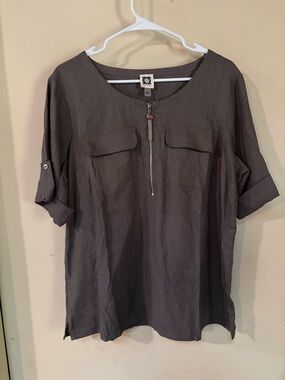 Anne Klein Dark Gray Zip Front Blouse